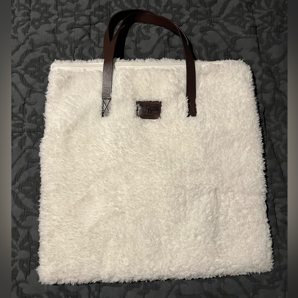 Cracker Barrel White Faux Fur Fuzzy Tote Purse Large Square 18”x18”